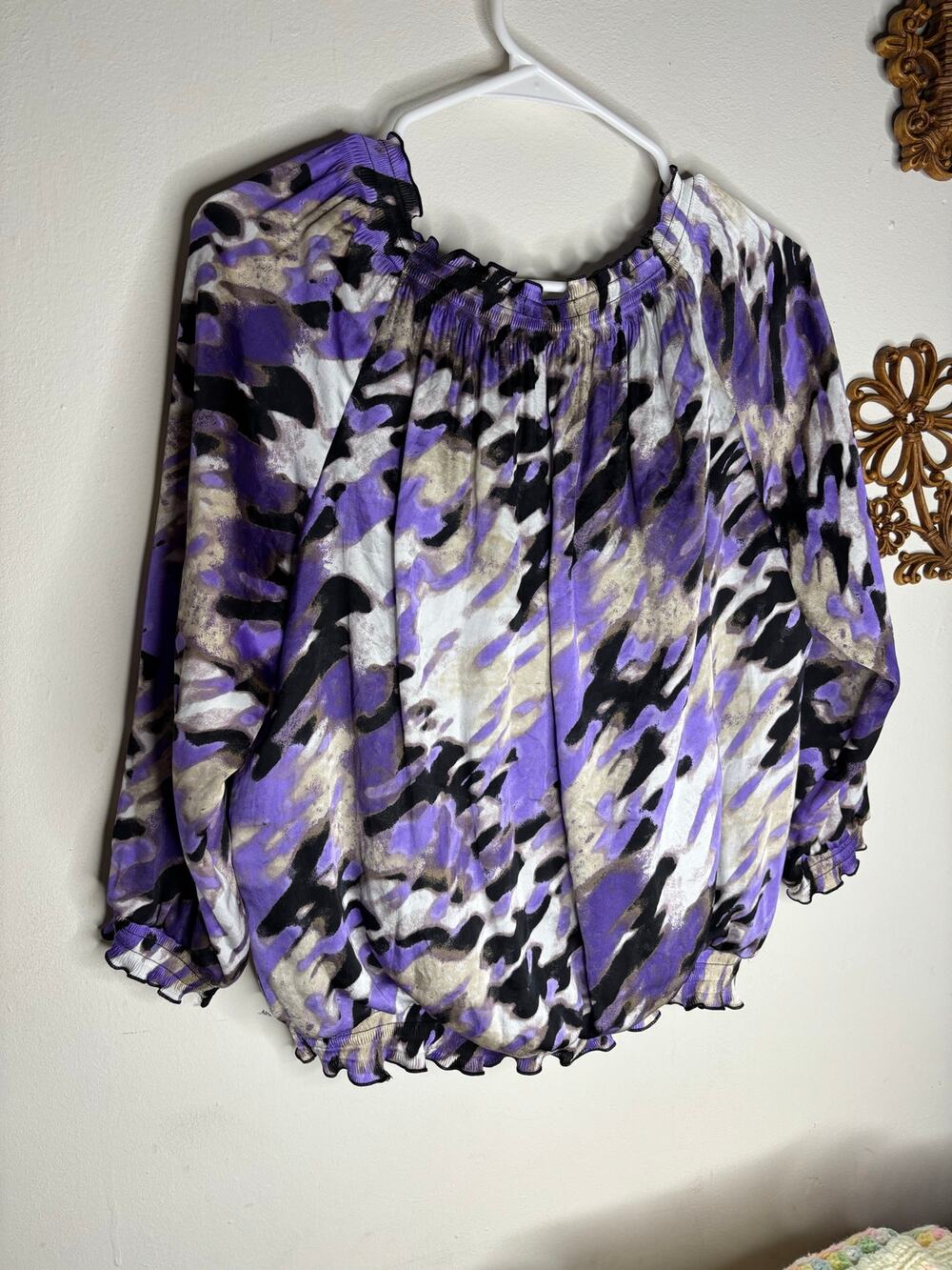 Alfani Abstract Purple Animal Print Smoked Blouse Size 8 3/4 Sleeve